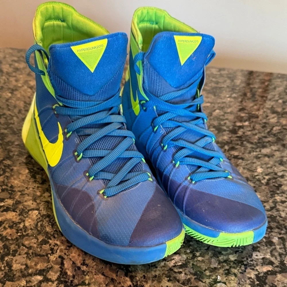 Nike 2015 Hyperdunk Zoom Blue and Neon Green High-Top Sneakers EUC 10.5